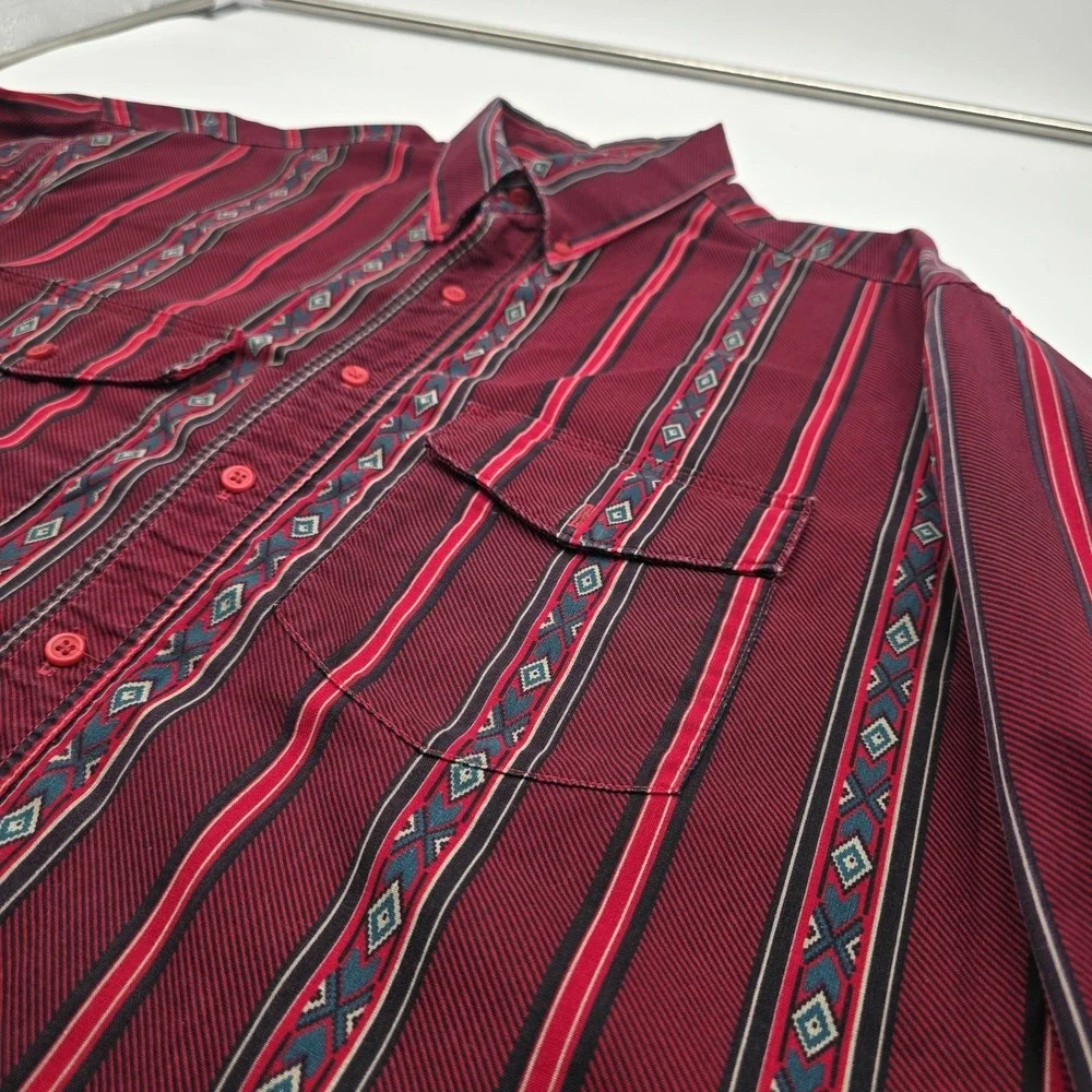 VTG Wrangler Shirt Mens XL Red Aztec Tribal X Long Tail Western Cowboy 17 1/2 35